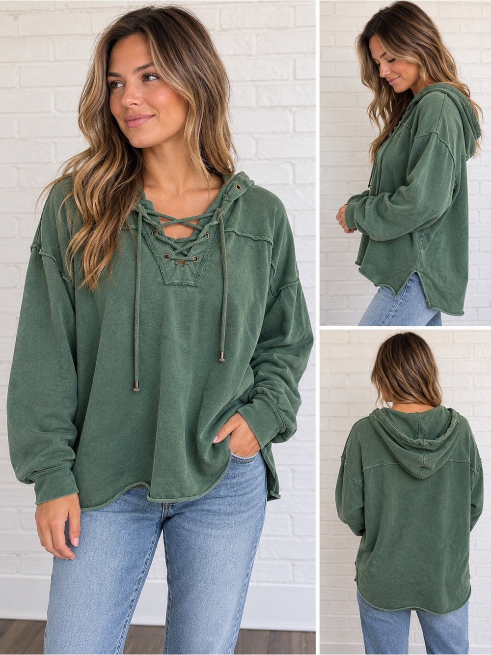 Aerie Green Lace-Up Oversized Hoodie Size Medium Cotton